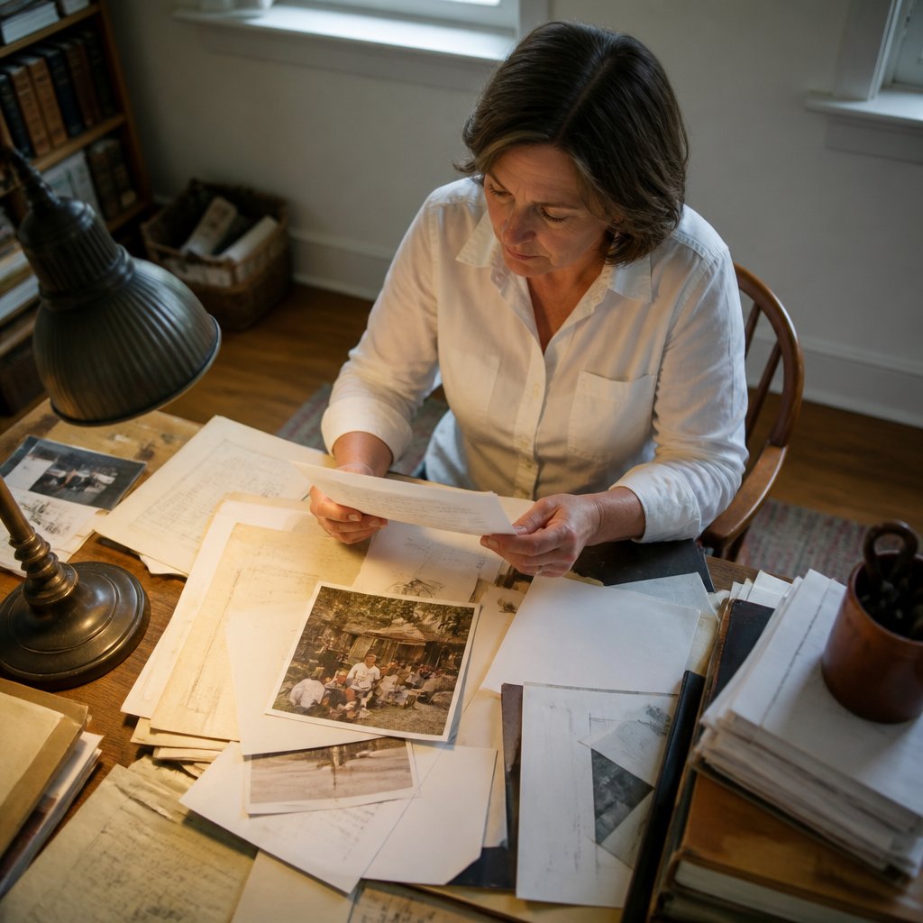 Woman reviewing old papers and a photo showing shared pump house at a backyard party.