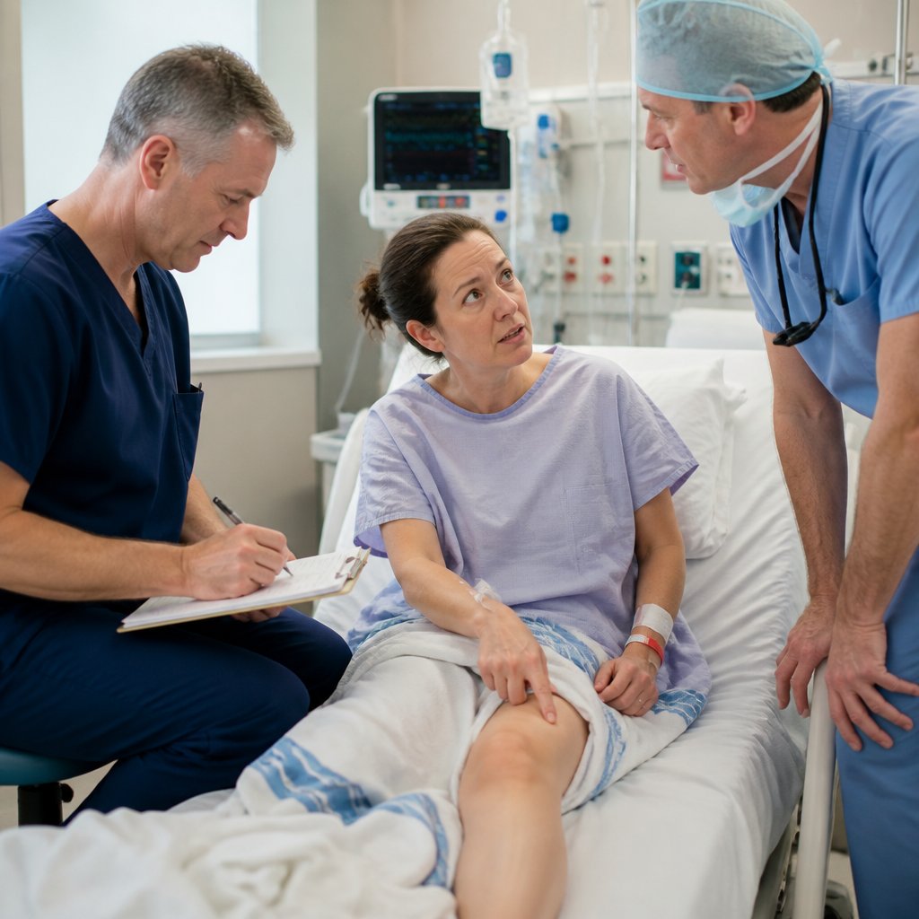 Nurse taking notes as patient complains about incorrect surgery side in recovery.