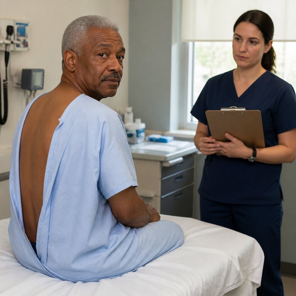Man sitting on exam table in hospital gown, nurse standing nearby with clipboard.