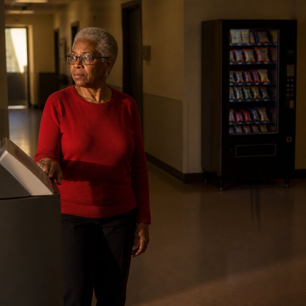 Woman alone near clock-in station with vending machine in background, appearing worried.