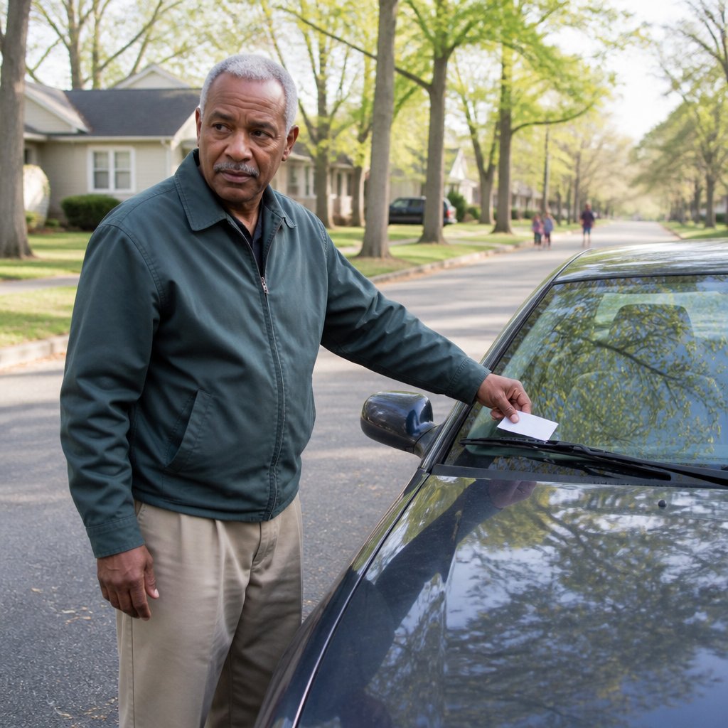 Man holding threatening note found on car windshield, conflicted expression