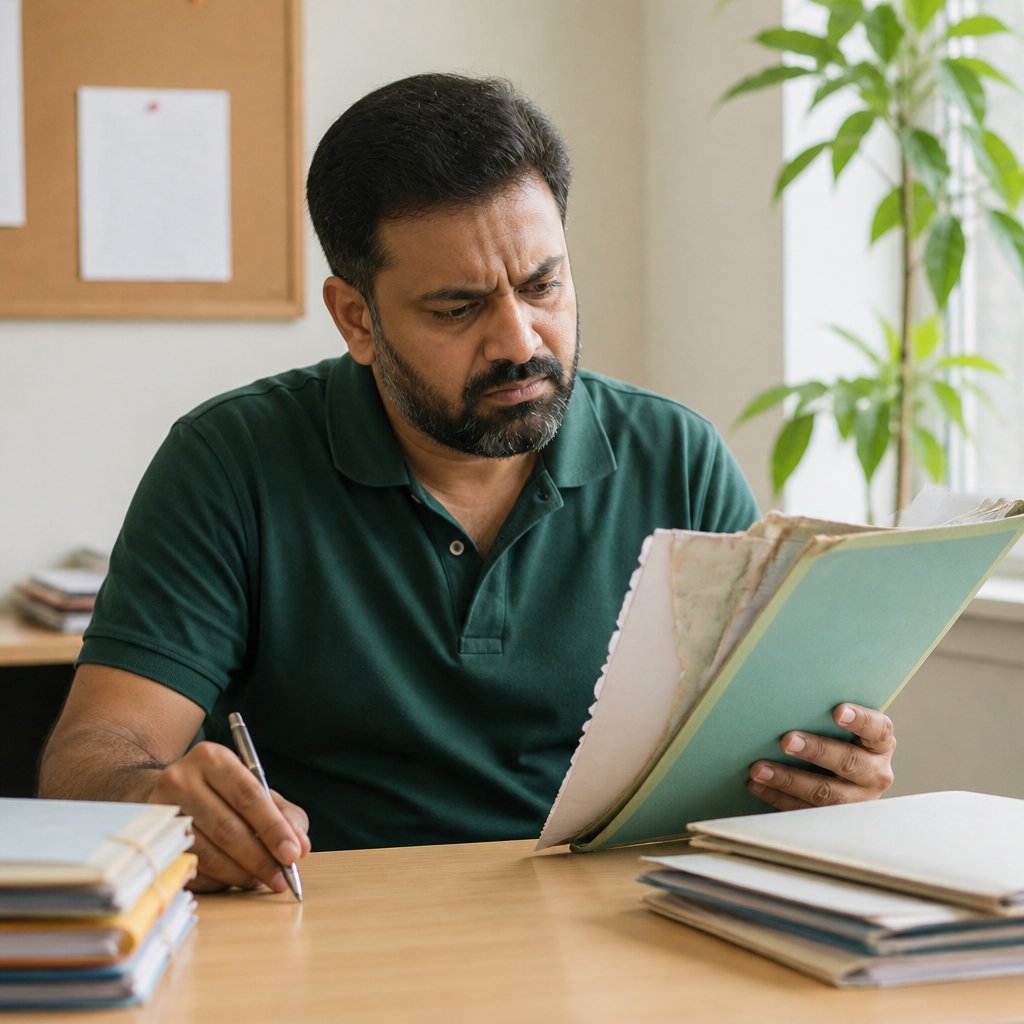 Man frustrated while reviewing redacted medical records in office.