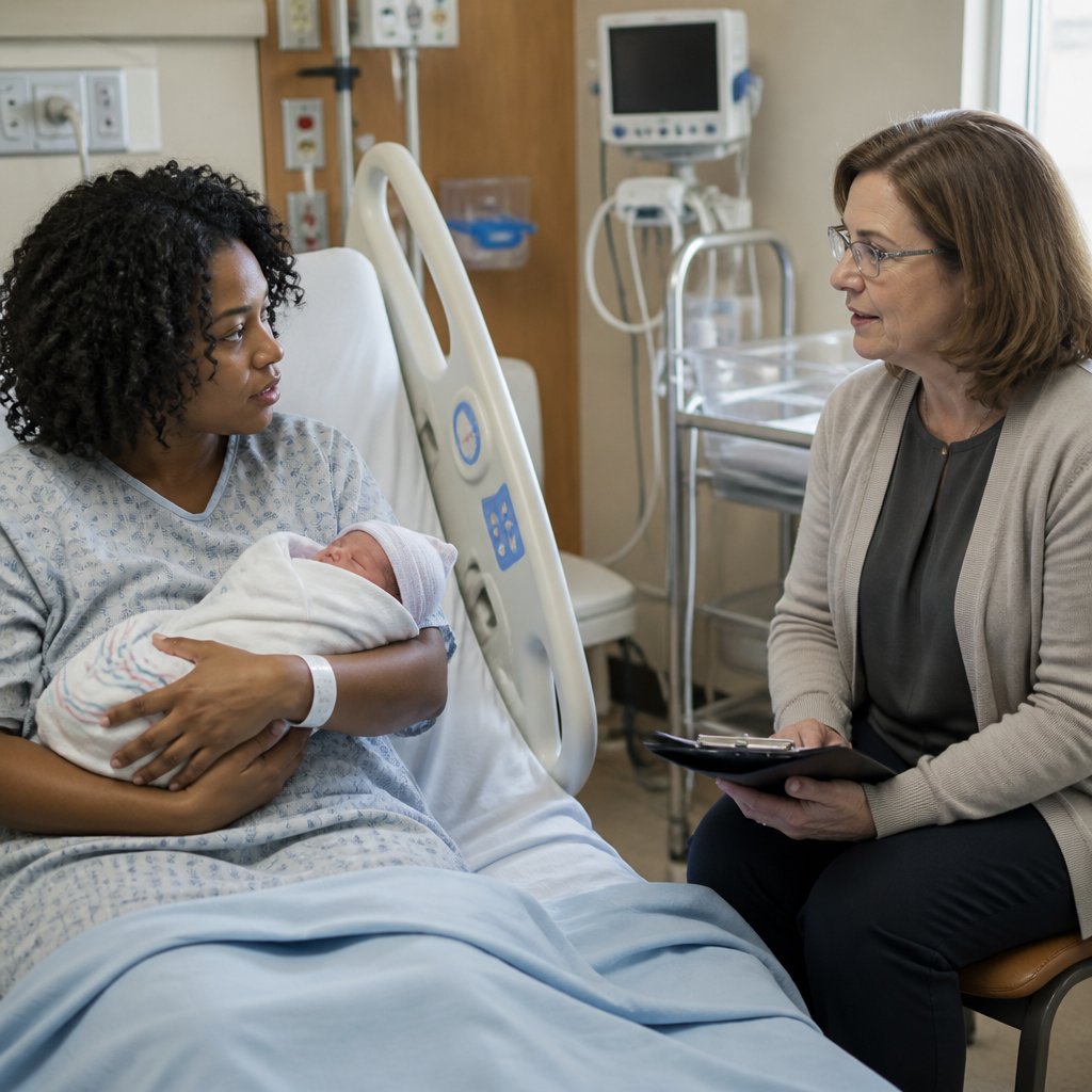 Hospital room scene with a social worker interviewing a mother holding her baby.