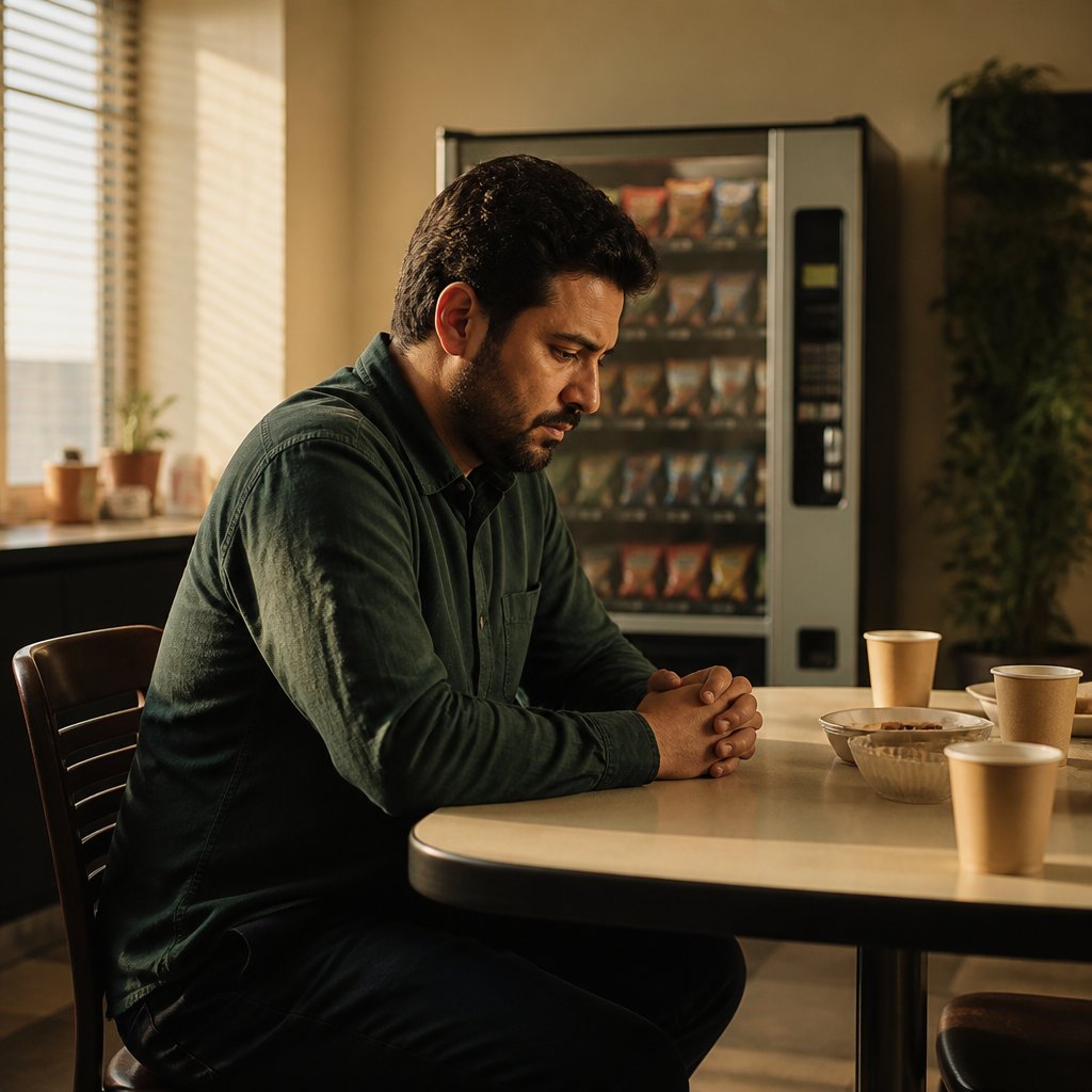 Man sitting alone in break room looking tense, empty coffee cups on table.