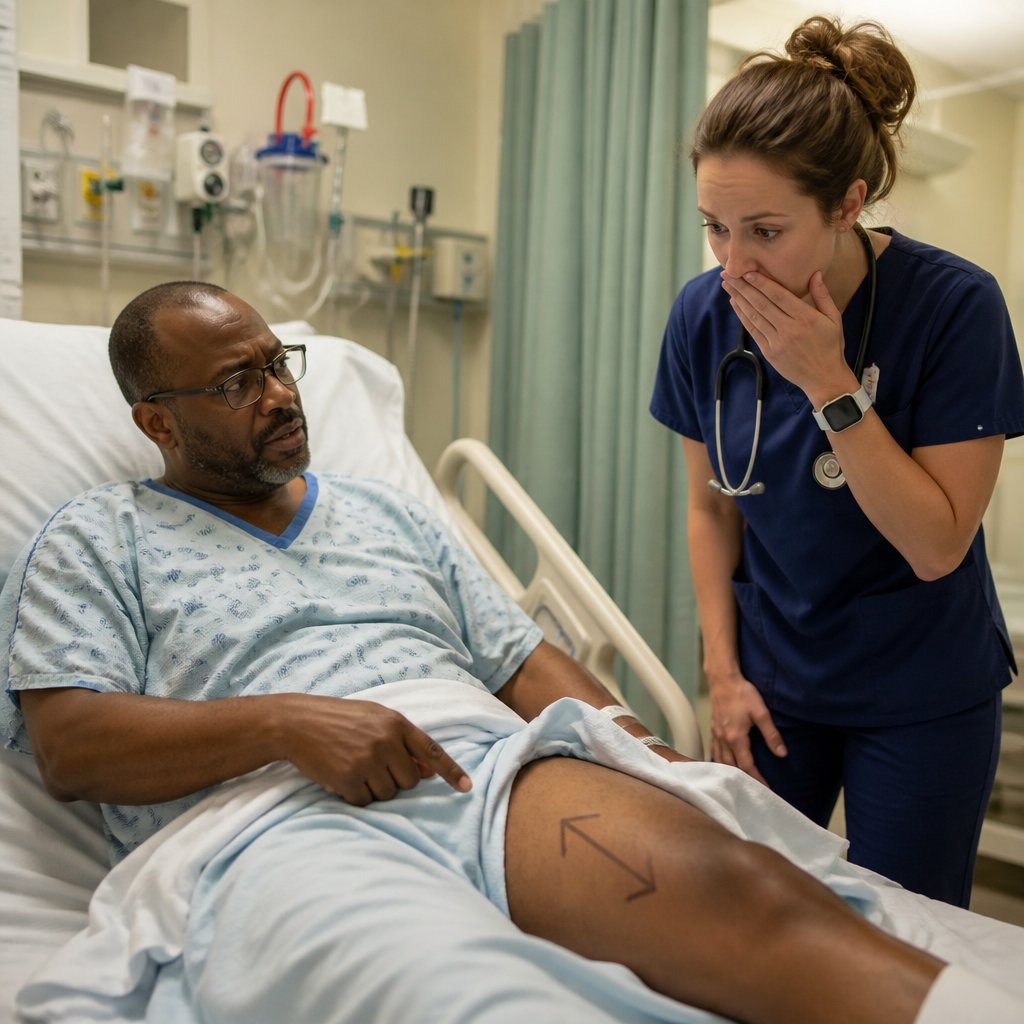Man pointing at marker arrow on his untouched leg while nurse realizes the error