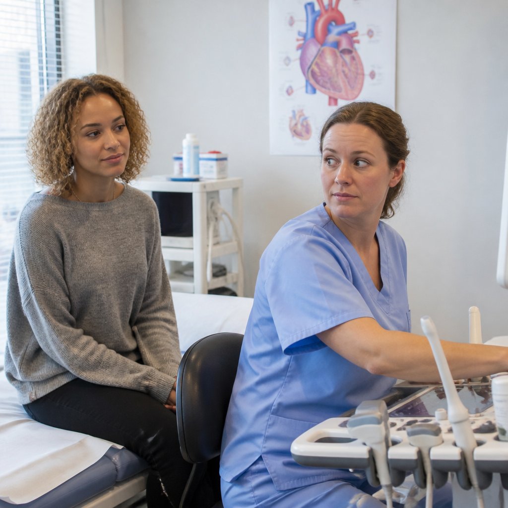 Technician speaks to patient during echocardiogram about testing protocols.