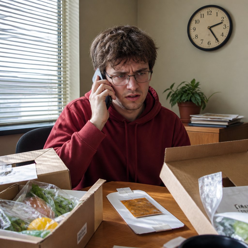 Man on phone in small office surrounded by meal kit packaging