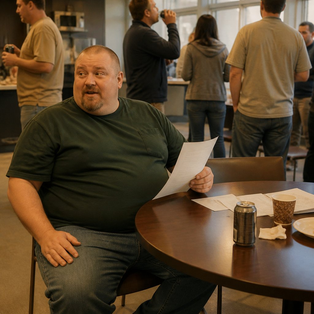 Man reviewing printed messages at break room table with coffee cup and papers.