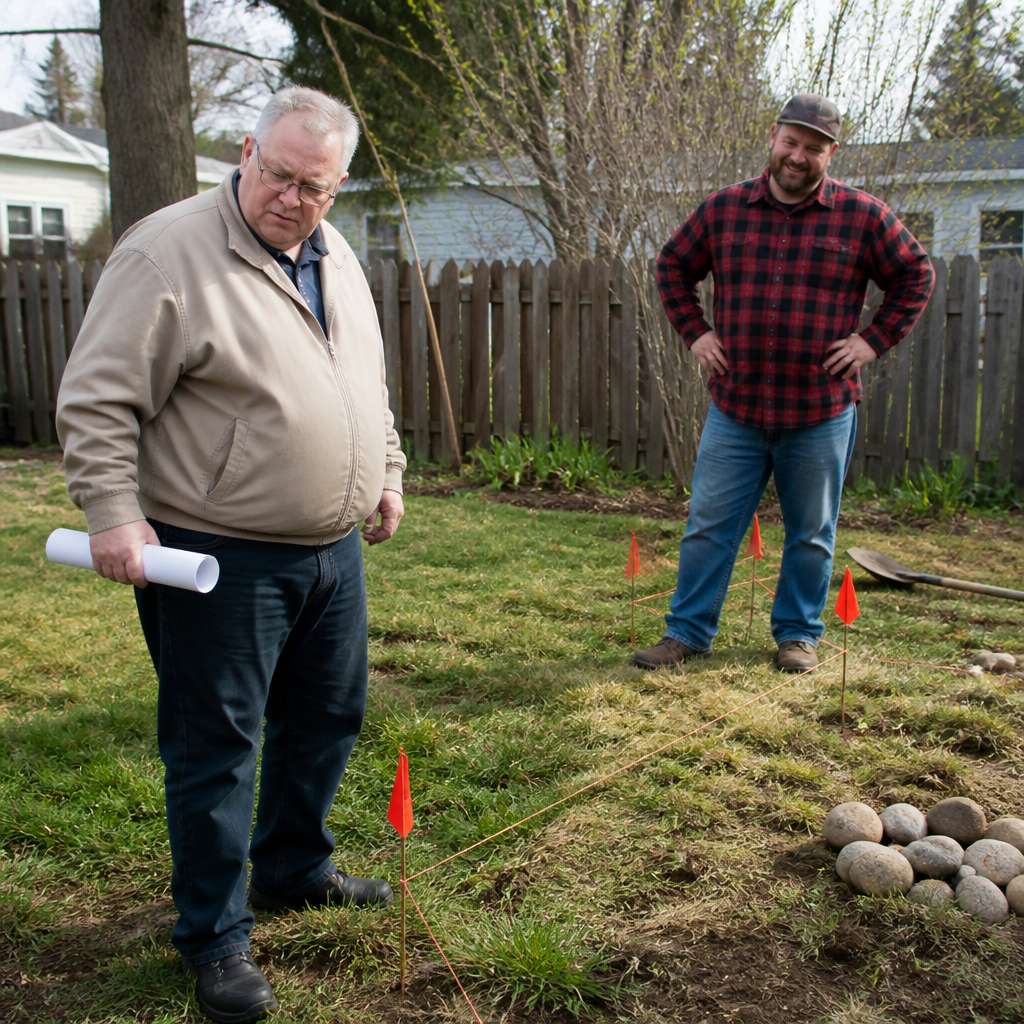 Man puzzled by survey markers while neighbor smirks in backyard.