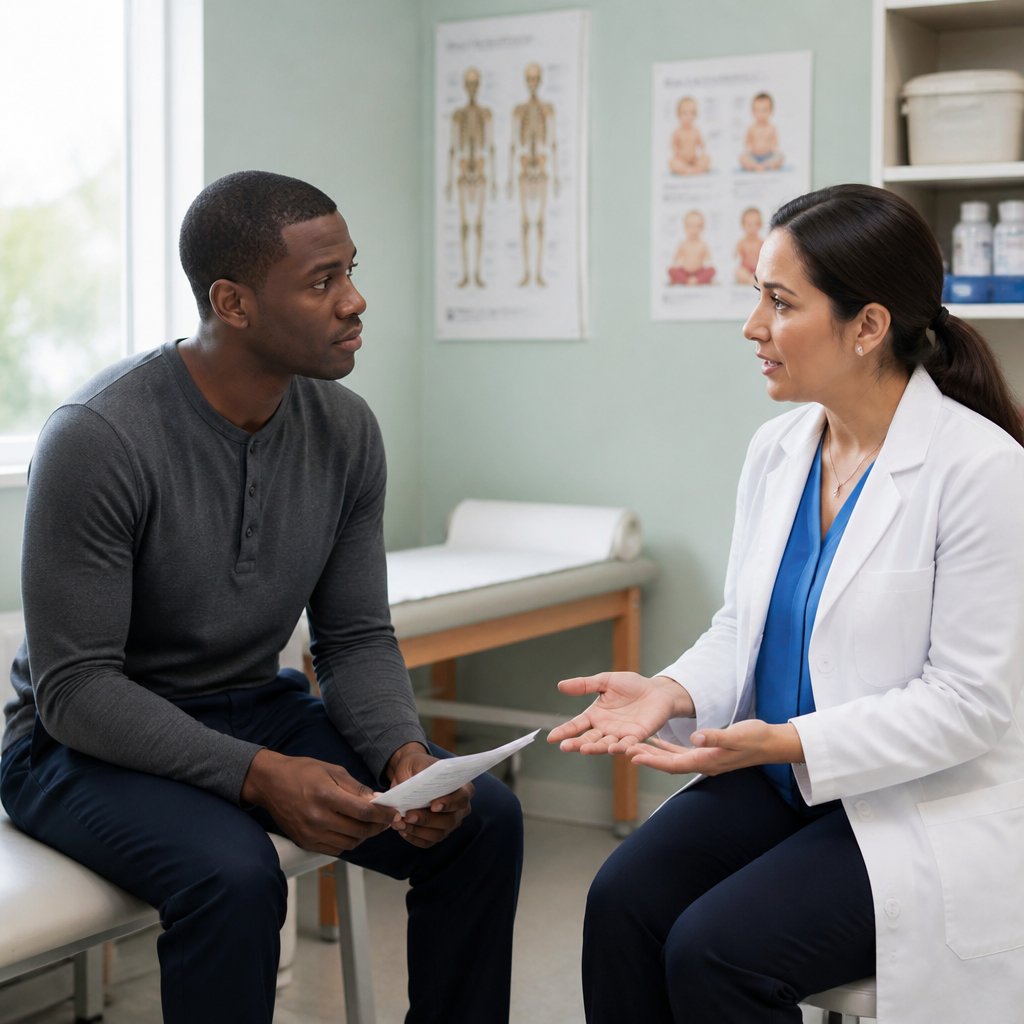Pediatrician discussing discharge papers with a concerned father in a clinic room.