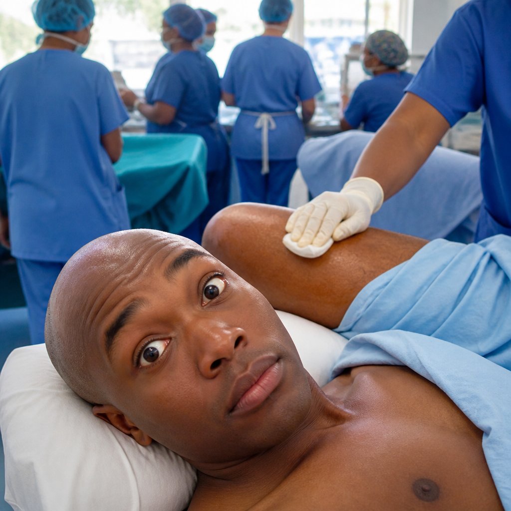 Patient’s left thigh being wiped with antiseptic while surgical staff talk nearby.