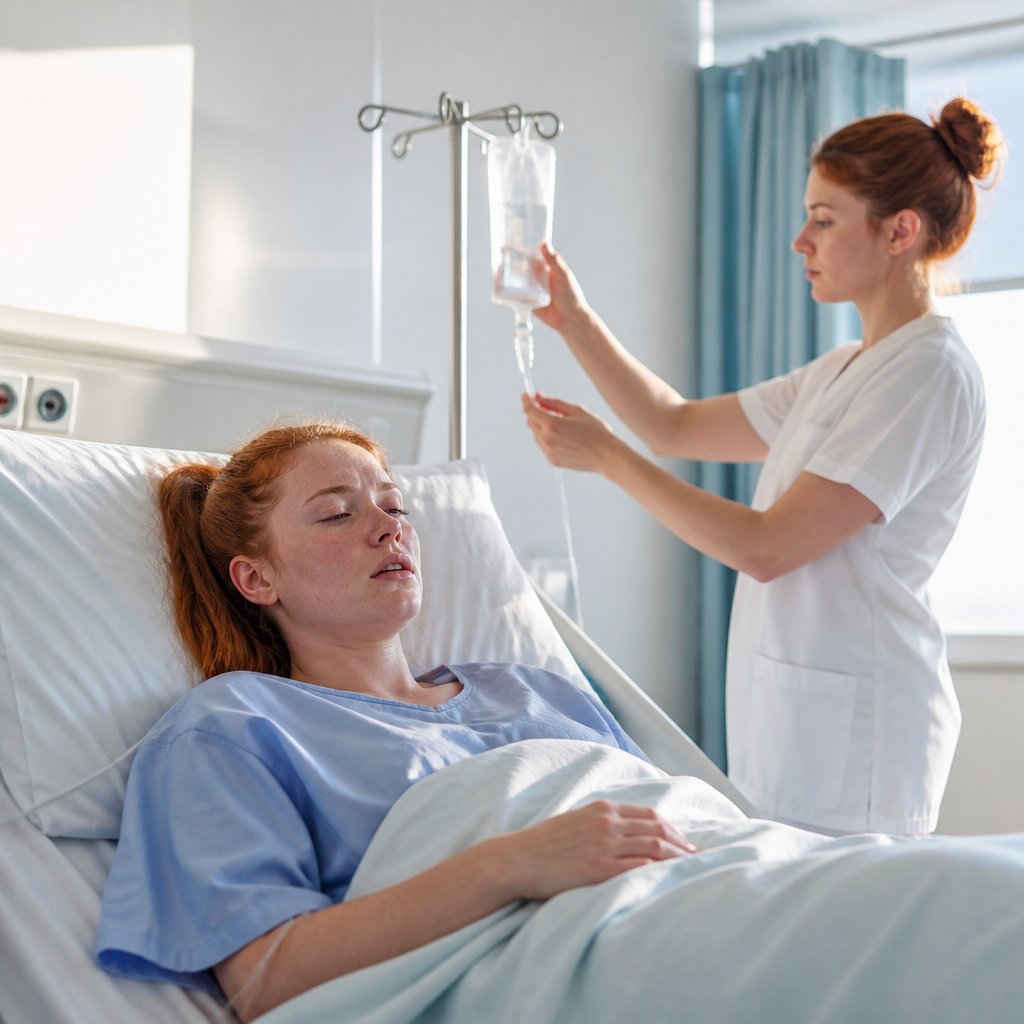 Woman in hospital bed receiving care during opioid withdrawal.