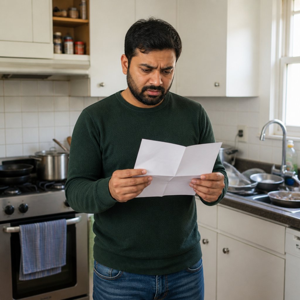 Man reading a denial letter in his kitchen, looking stressed.