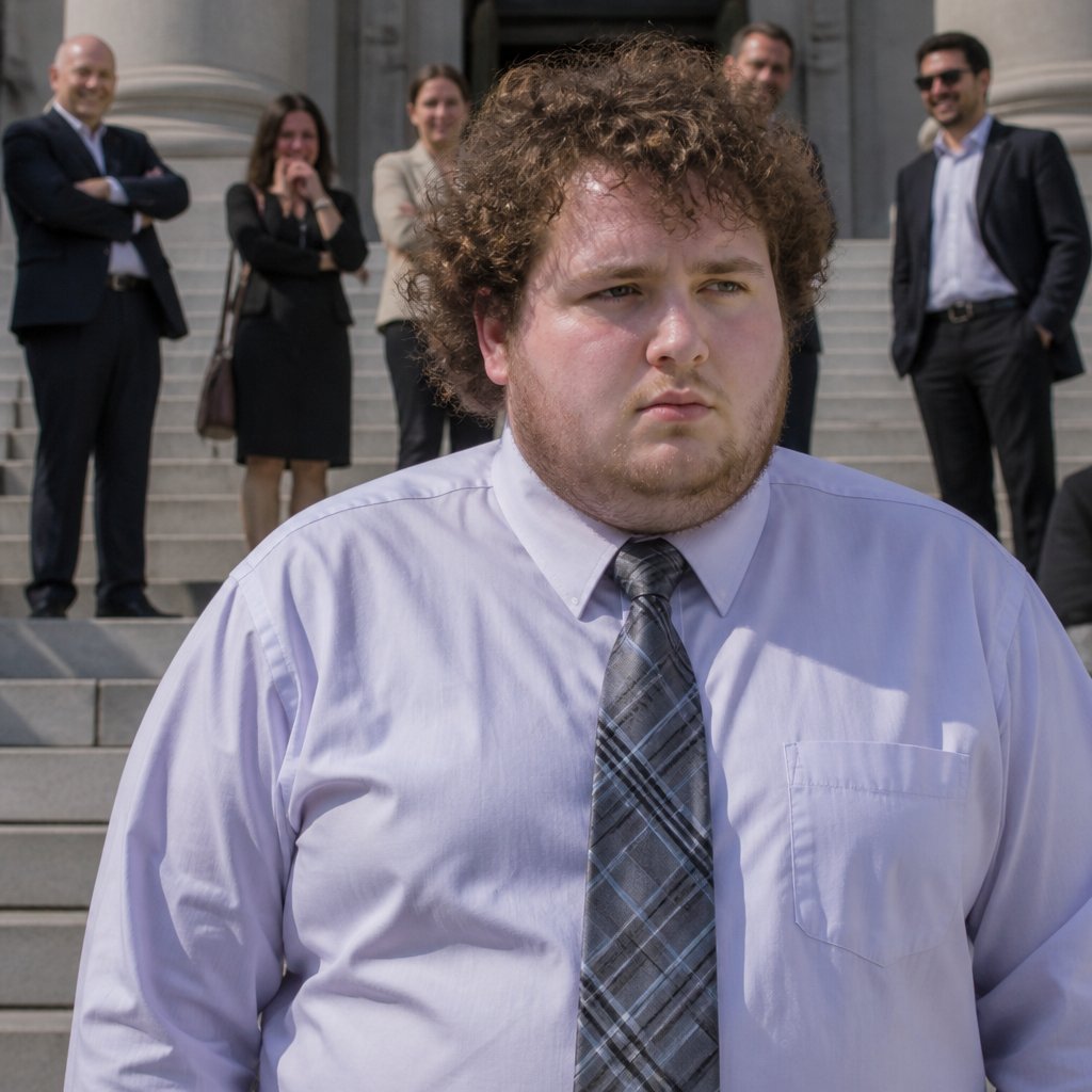Man standing outside courthouse in dress shirt looking overwhelmed by the attention