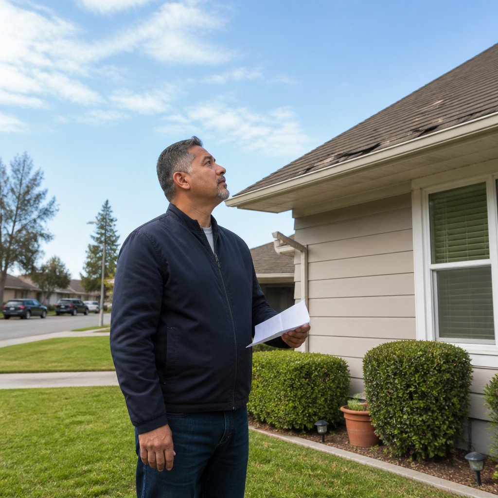 Man stands outside home looking up at roof, holding a letter, looking frustrated.