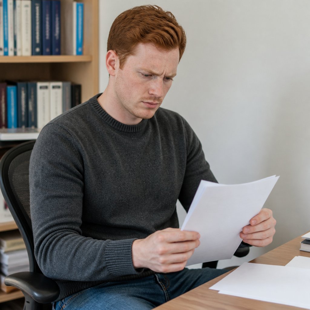 Young red-haired white man at desk looking suspiciously at printed medical notes.