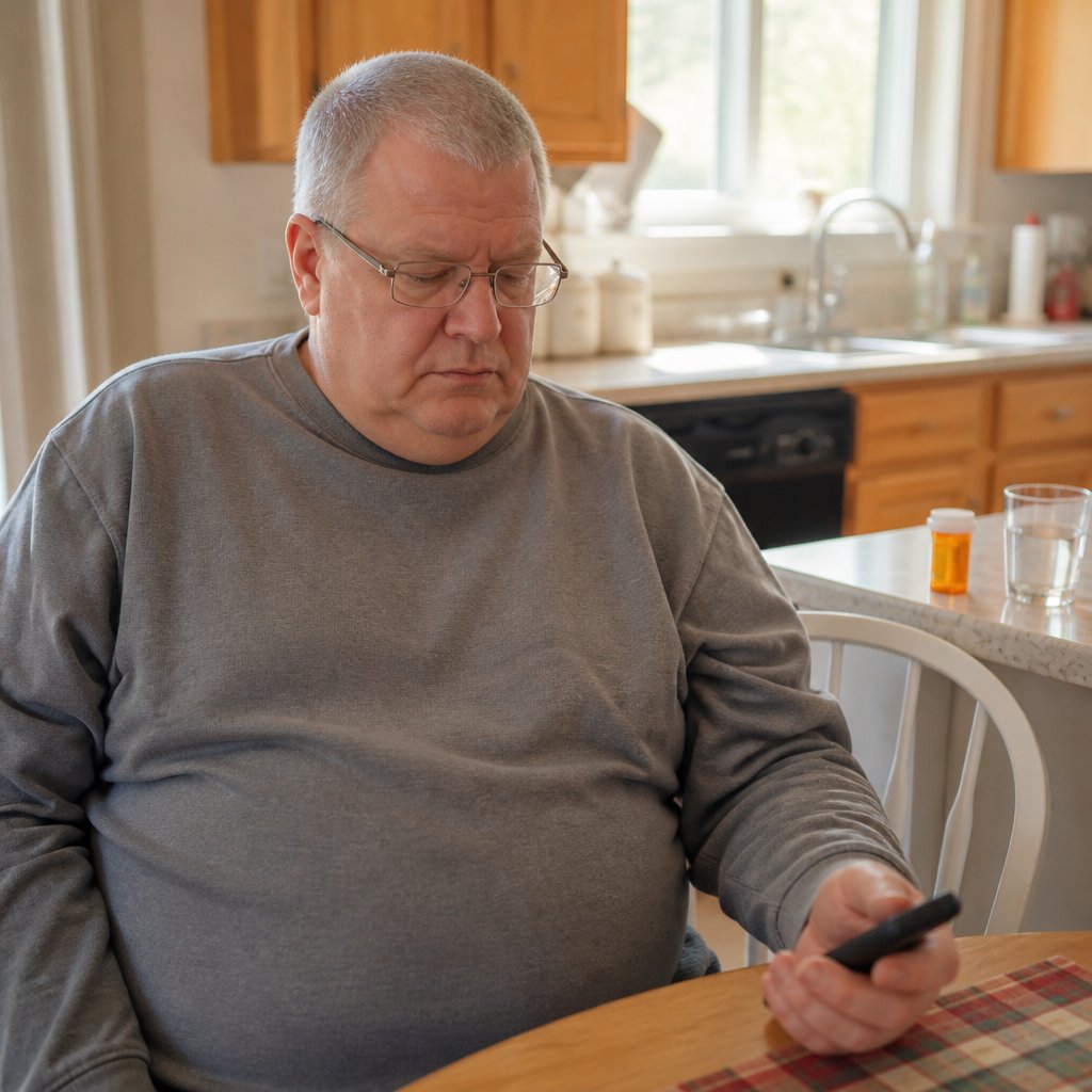 Man listening to phone call at kitchen table, worried expression; prescription bottle on counter behind.