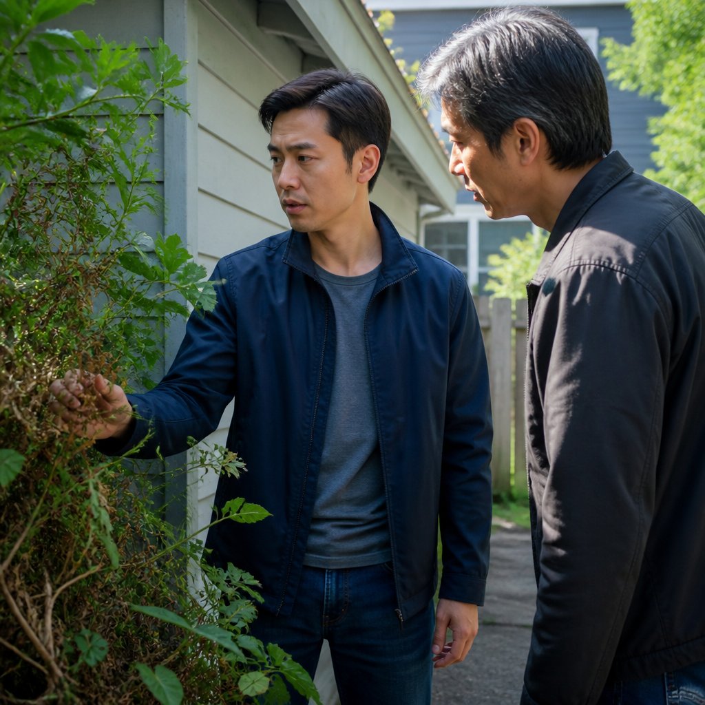 Man inspecting narrow shared alley while neighbor watches