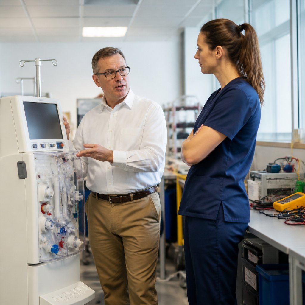Biomedical engineer explaining dialysis machine check results to nurse in maintenance room