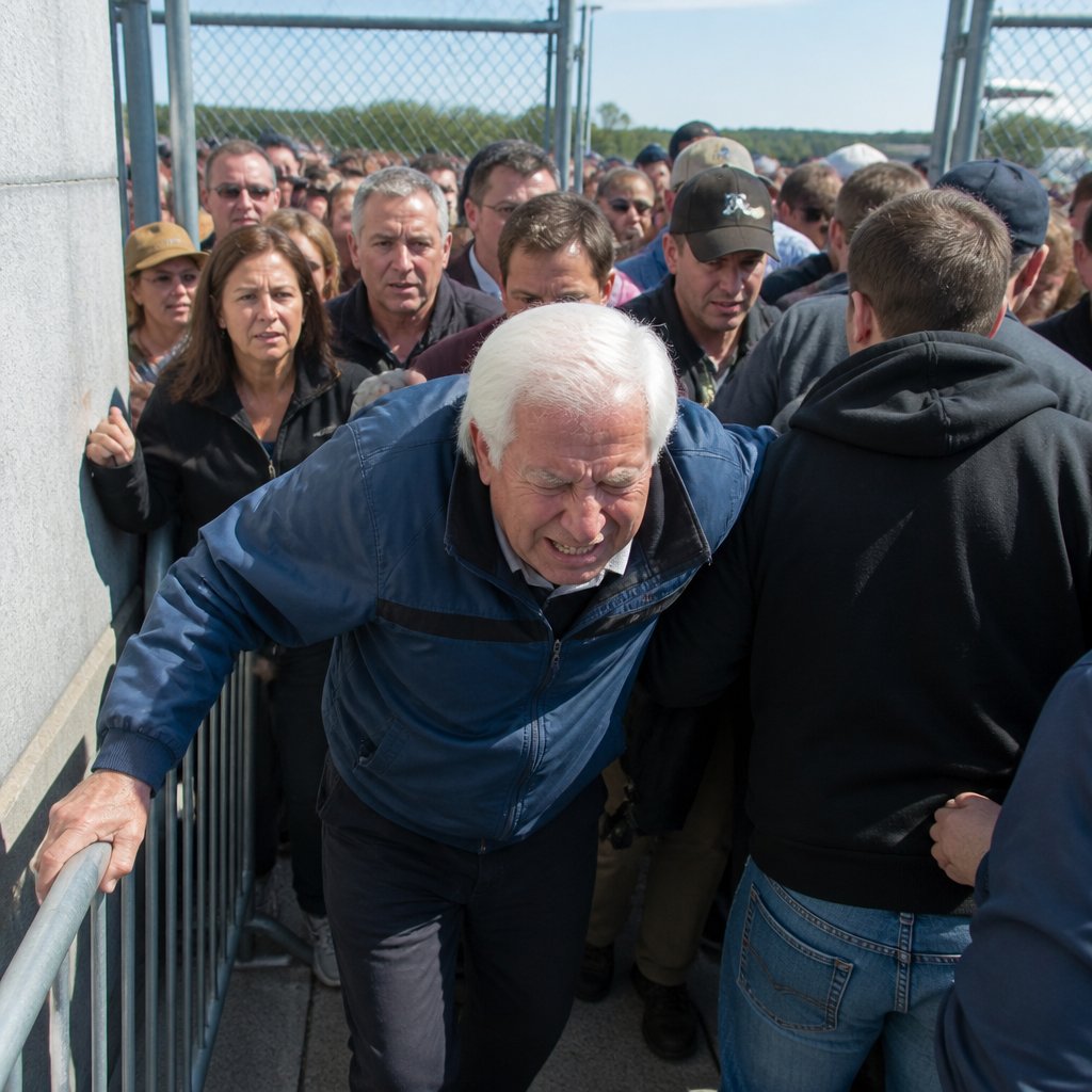 Older man bent over in pain amid a tightly pressed crowd at venue entrance.