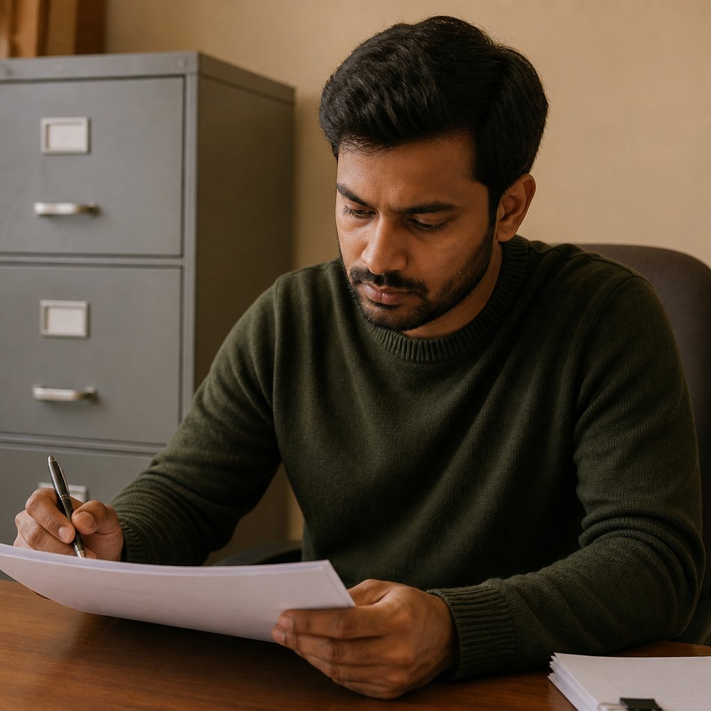 Man preparing to send a formal complaint email in an HR office.