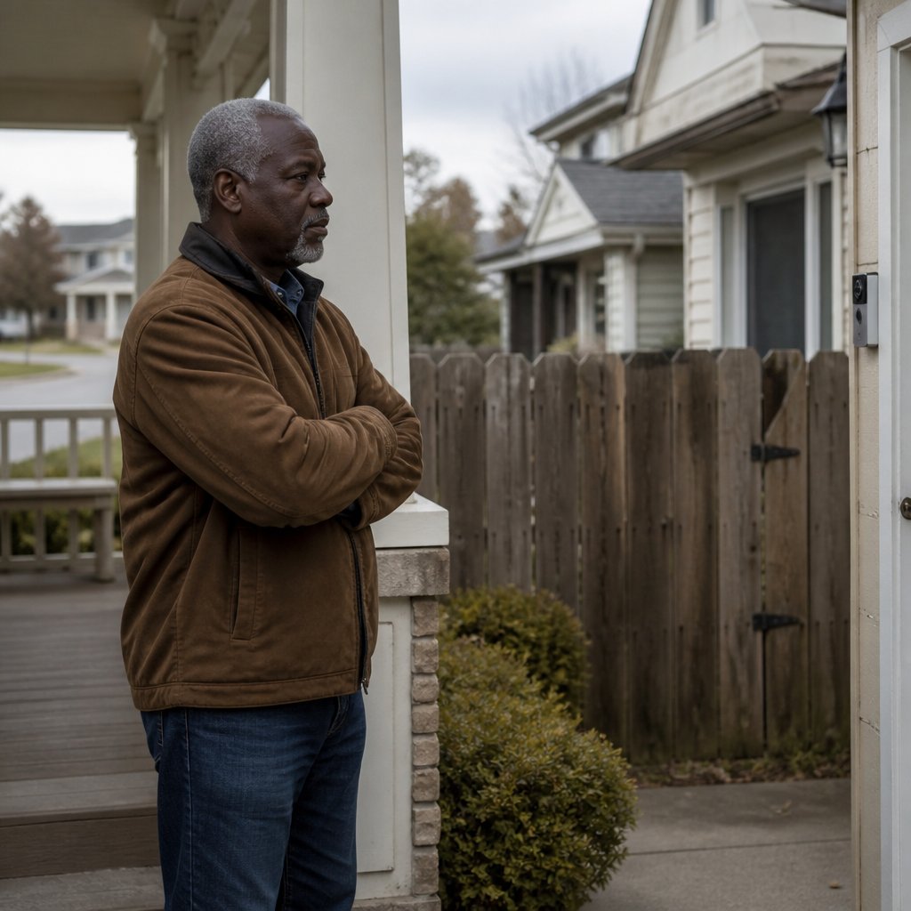 Man stands on porch arms crossed while neighbor's doorbell camera points toward his patio.