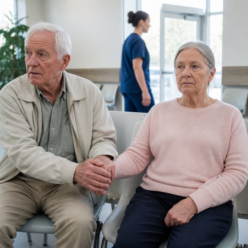 An elderly man and his tired wife sitting in an urgent care waiting room.
