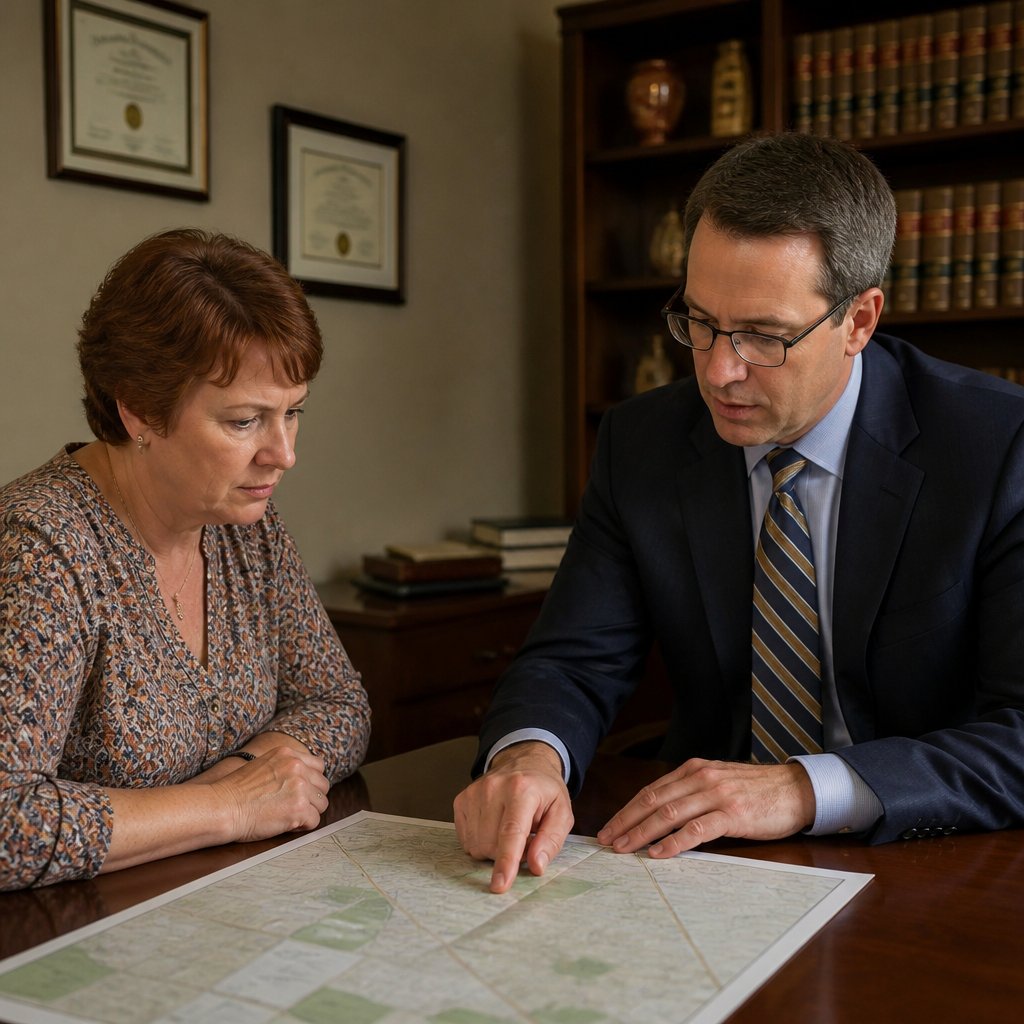 Woman and her lawyer reviewing property map with lawyer pointing confidently