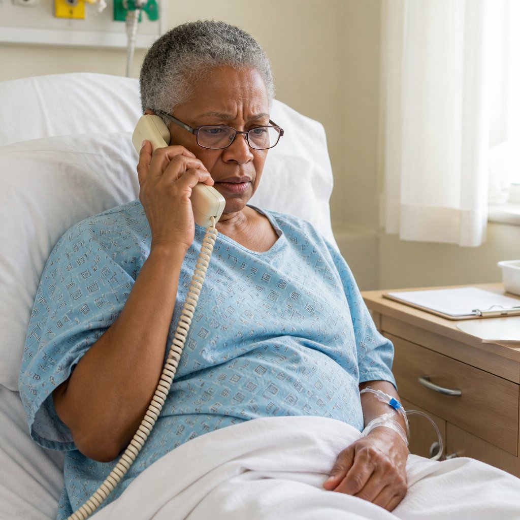Woman in hospital bed listening worriedly to a phone call.