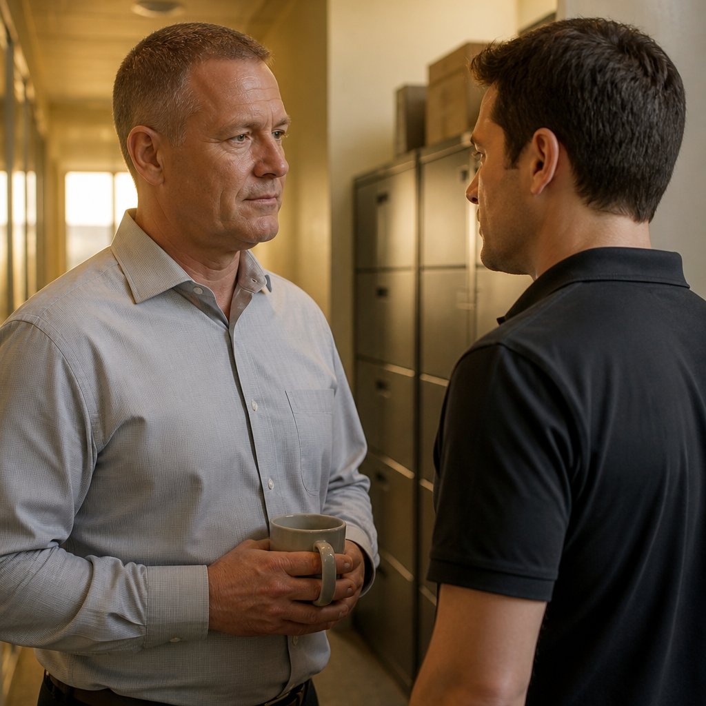 Two men standing tense in an office hallway, one holding a coffee mug firmly.