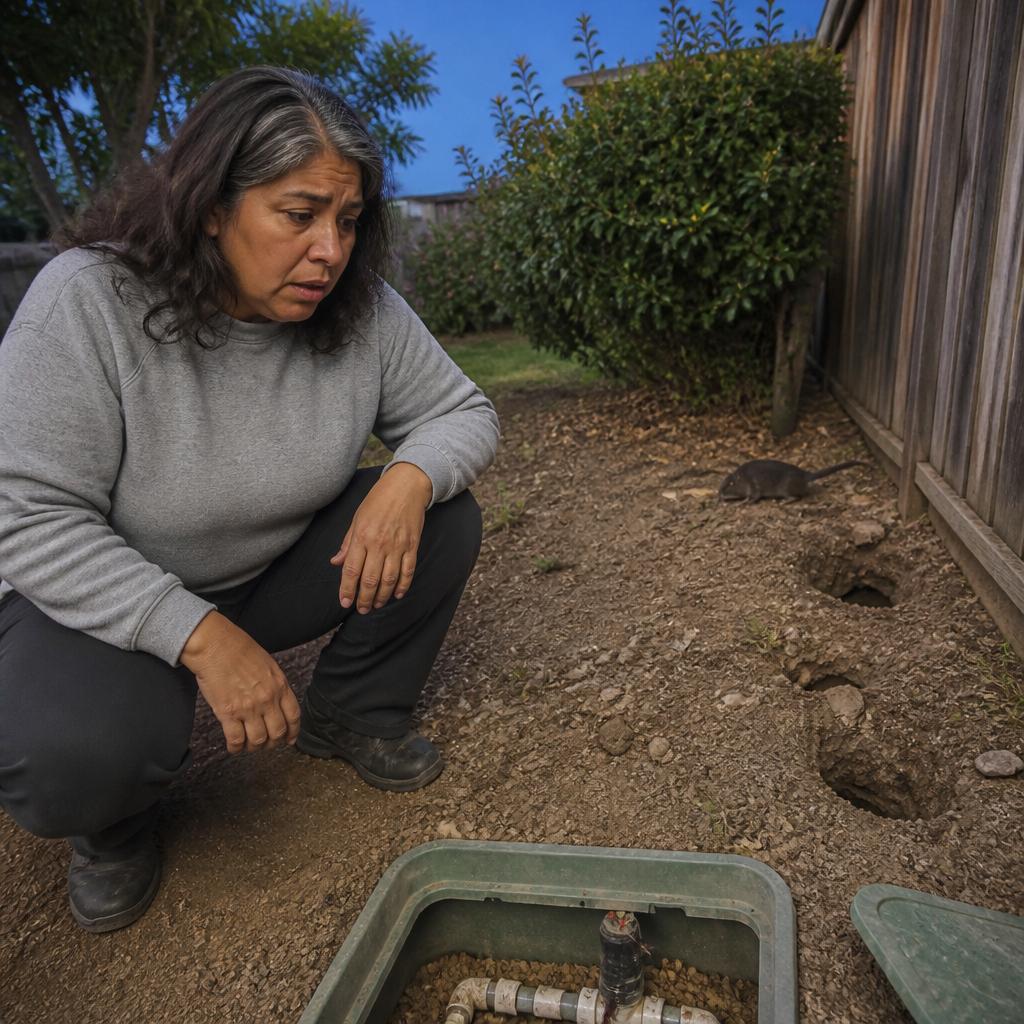 Woman observing rat burrows near sprinkler box in her backyard at dusk.