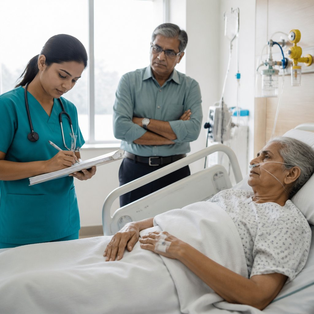 Nurse writing allergy details on chart while man watches anxiously at hospital bedside.