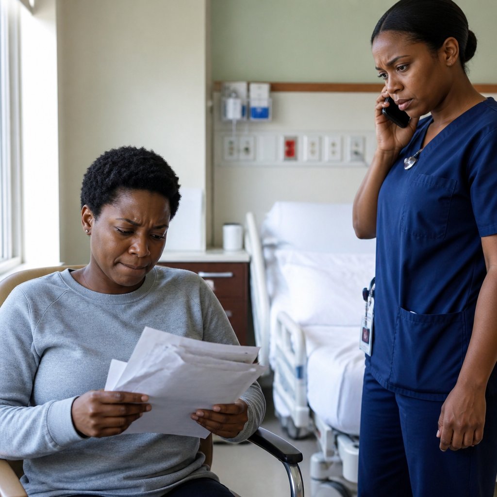 Woman holding insurance letters looking frustrated in hospital room.