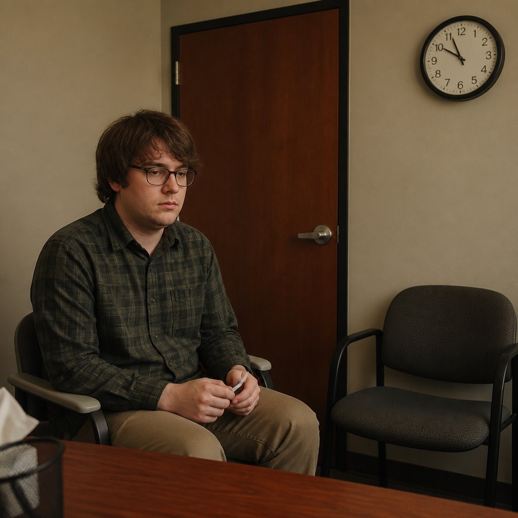 Tense young man sitting alone in an HR office, tapping pen nervously.