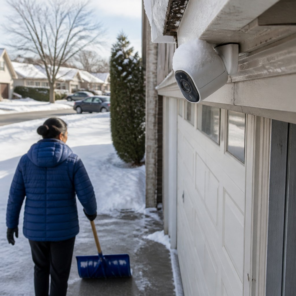 Security camera on garage eave watching woman shoveling driveway in winter