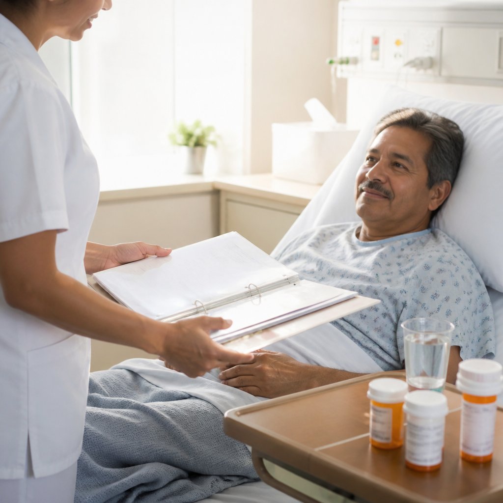 Nurse holding a medication administration record binder by hospital bed.