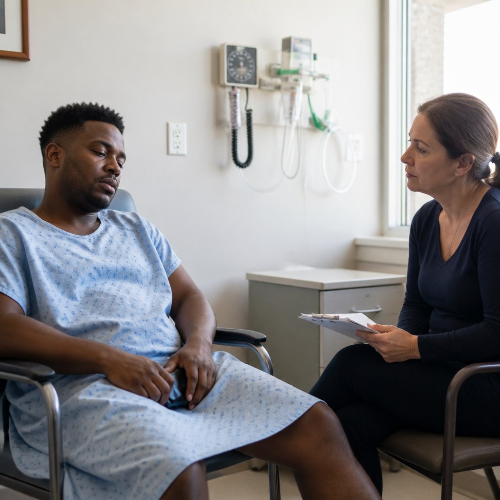 Fatigued man in hospital chair during a recorded call with risk team woman across from him.
