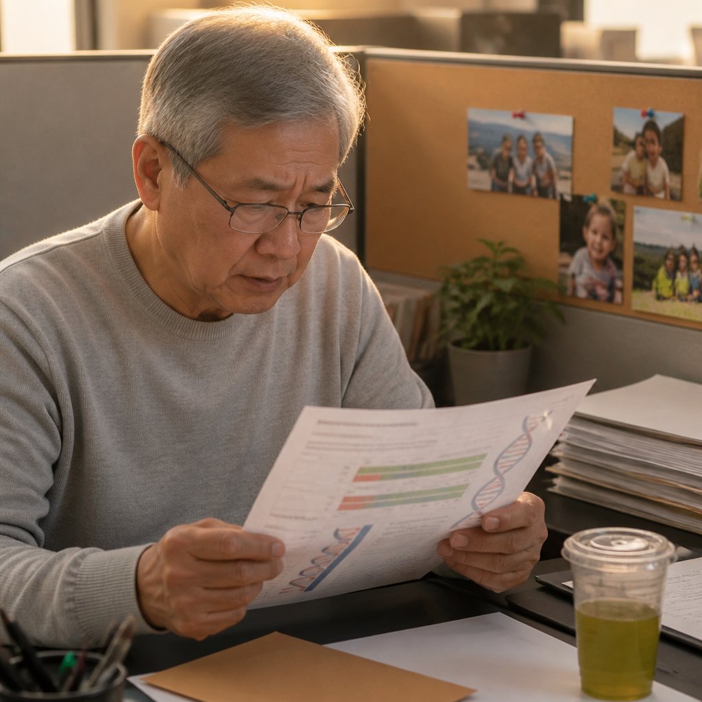 Older East Asian man studies genetic report at his office desk looking worried.