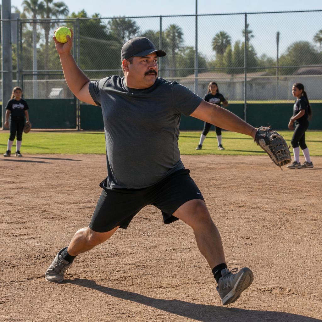 Man throwing full-windup pitches at softball practice looking completely healthy