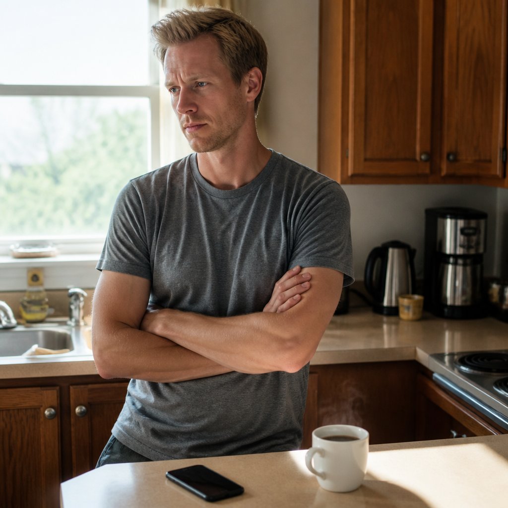 Man in kitchen reading a troubling text message, looking worried.