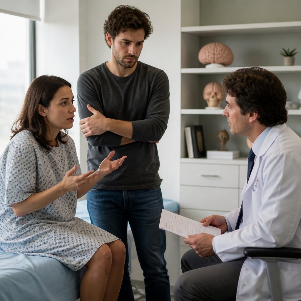 Dana speaking with neurologist while man stands beside her, expressions tense.