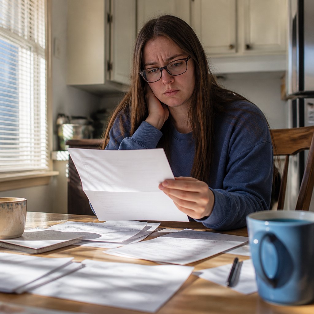 Young woman holding an insurance denial letter at kitchen table, looking worried and overwhelmed.