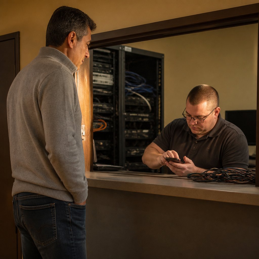 Man talking to IT technician at support window, tension visible in their expressions.