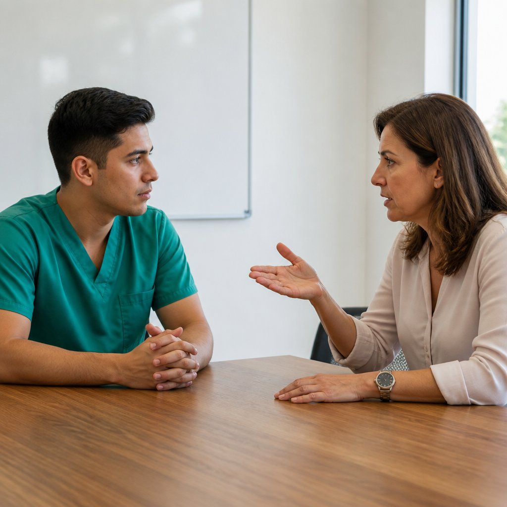 Young Latino man in scrubs being instructed firmly by female manager at clinic conference table.