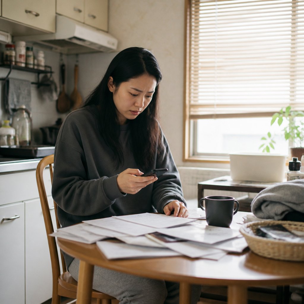 Anxious East Asian woman at kitchen table surrounded by insurance papers, phone in hand.