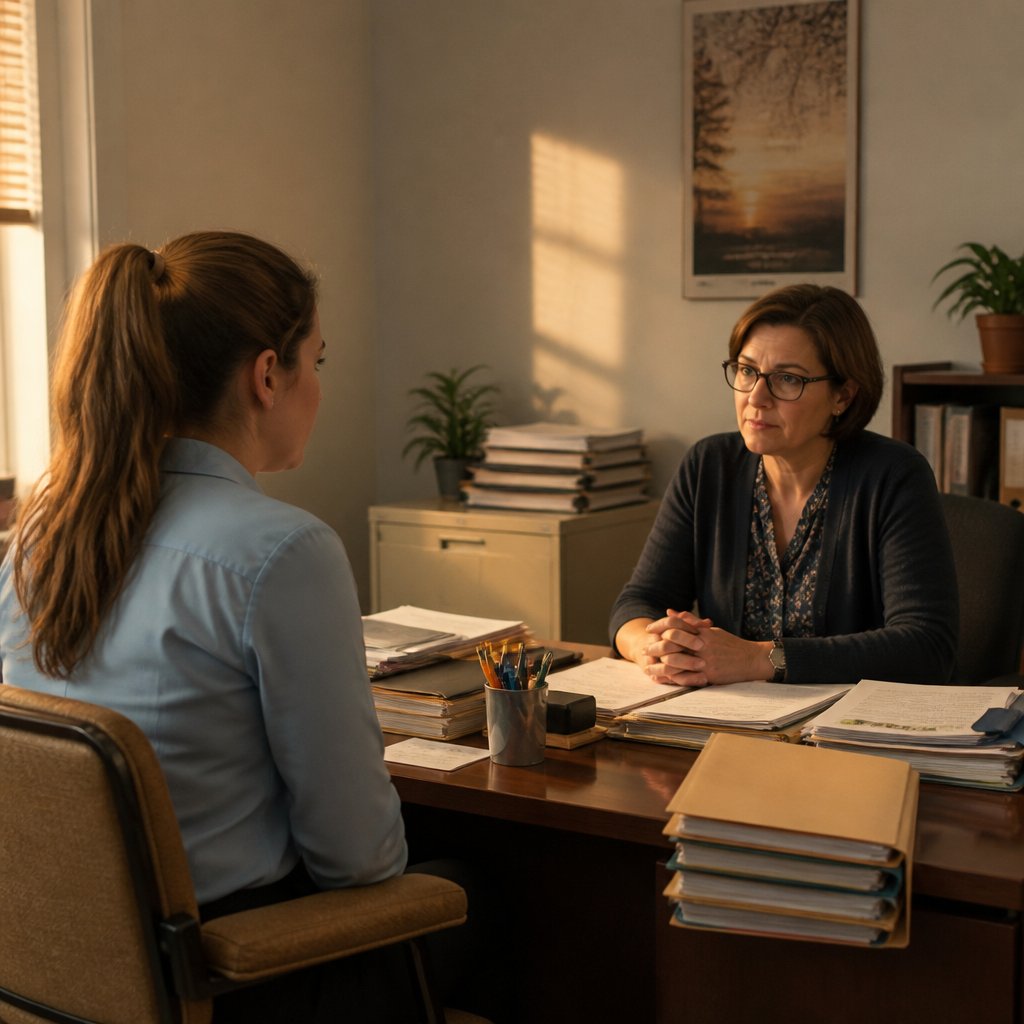 HR representative and employee sitting across a small cluttered desk in a cramped office, tension visible in their expressions.