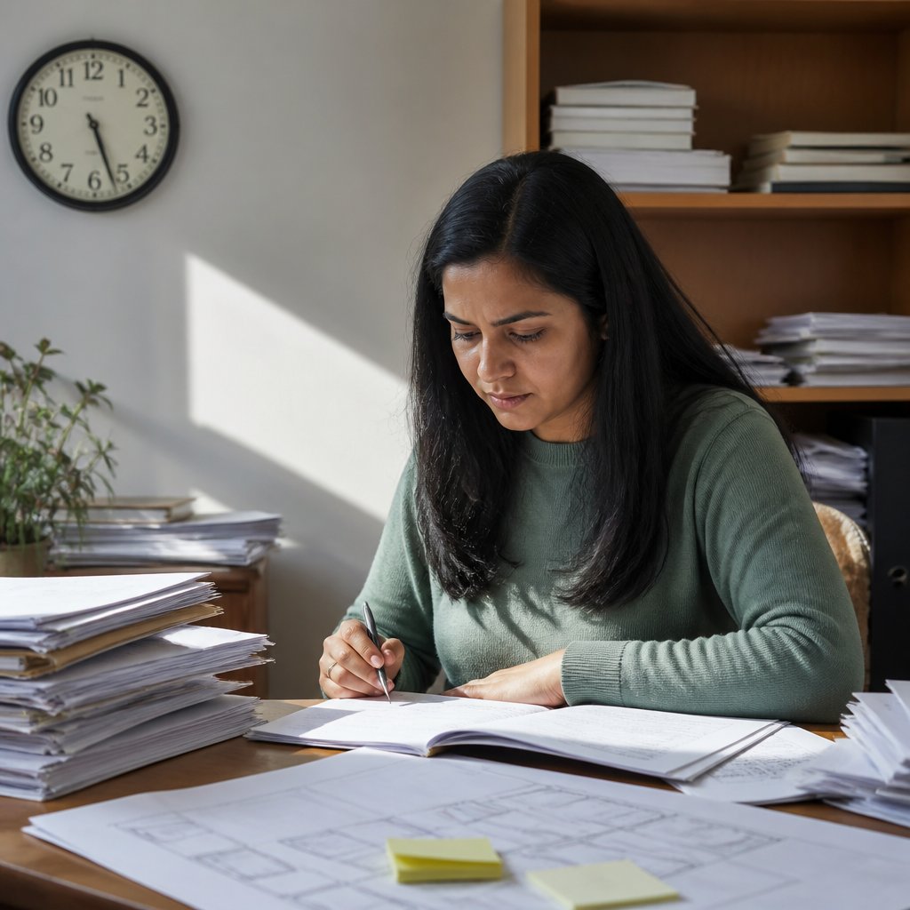 Woman in home office studying property deeds and plat maps with focused expression.