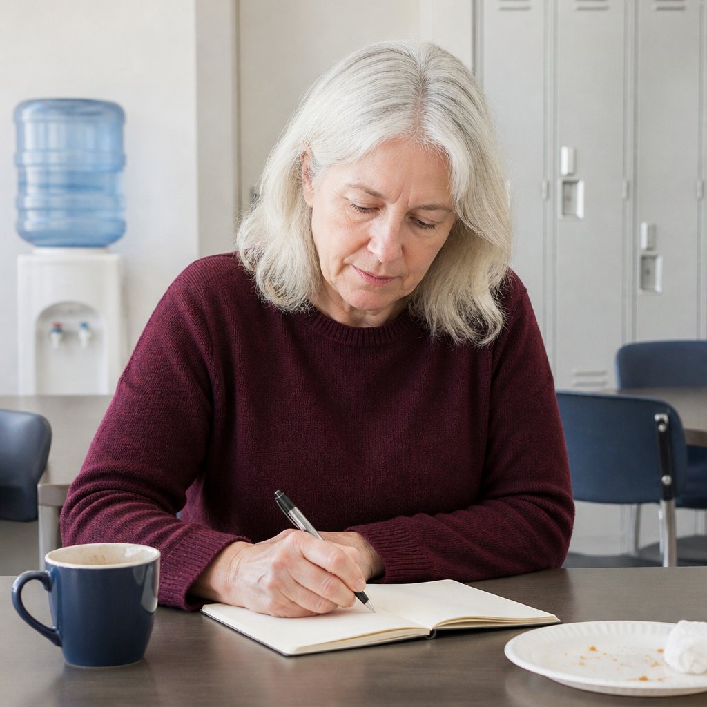 Woman in maroon sweater writing detailed notes in break room notebook with coffee cup nearby.