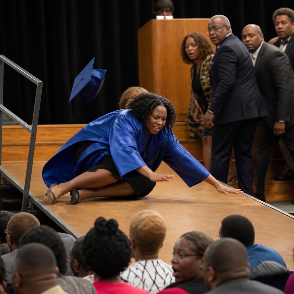 Woman in graduation gown falling on stage ramp, cap flying off, audience gasping
