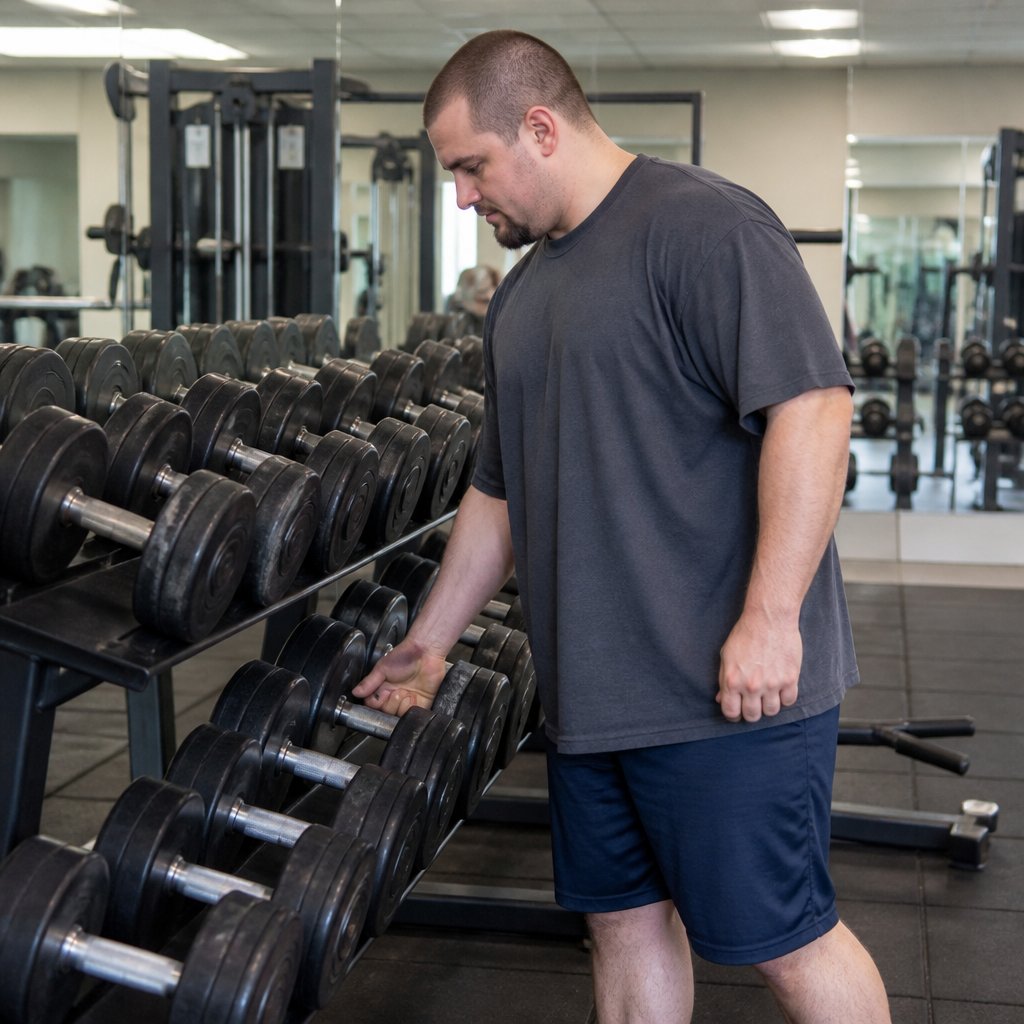 Dumbbell rack in a budget gym showing typical wear and rubber floor mats